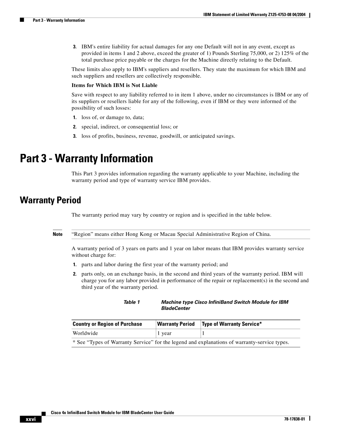 Cisco Systems Cisco 4x manual Part 3 Warranty Information, Warranty Period, Xxvi 