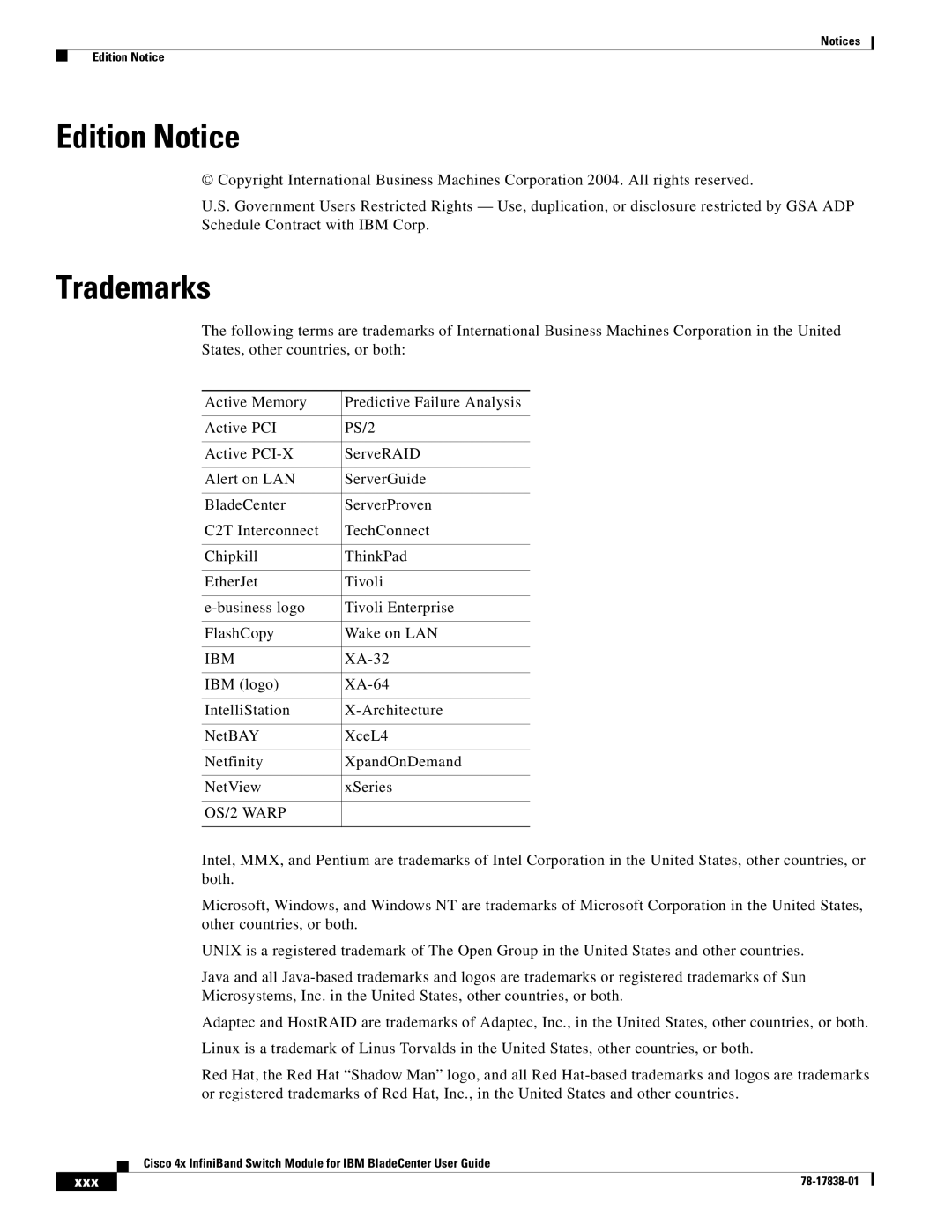 Cisco Systems Cisco 4x manual Edition Notice, Trademarks, Xxx 