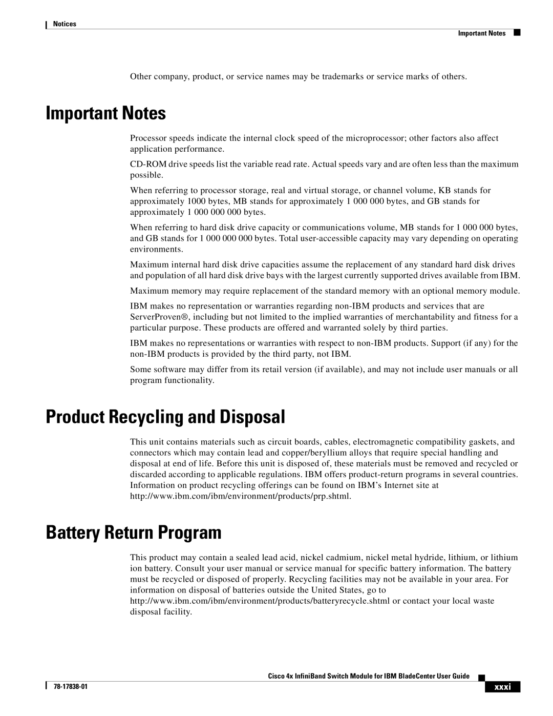 Cisco Systems Cisco 4x manual Important Notes, Product Recycling and Disposal Battery Return Program, Xxxi 