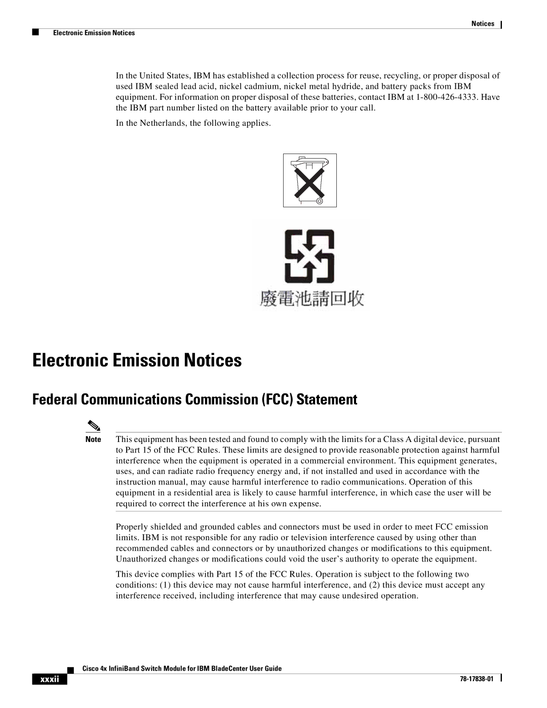 Cisco Systems Cisco 4x manual Electronic Emission Notices, Federal Communications Commission FCC Statement, Xxxii 