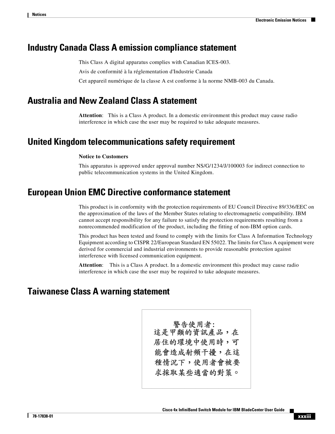 Cisco Systems Cisco 4x Industry Canada Class a emission compliance statement, Taiwanese Class a warning statement, Xxxiii 