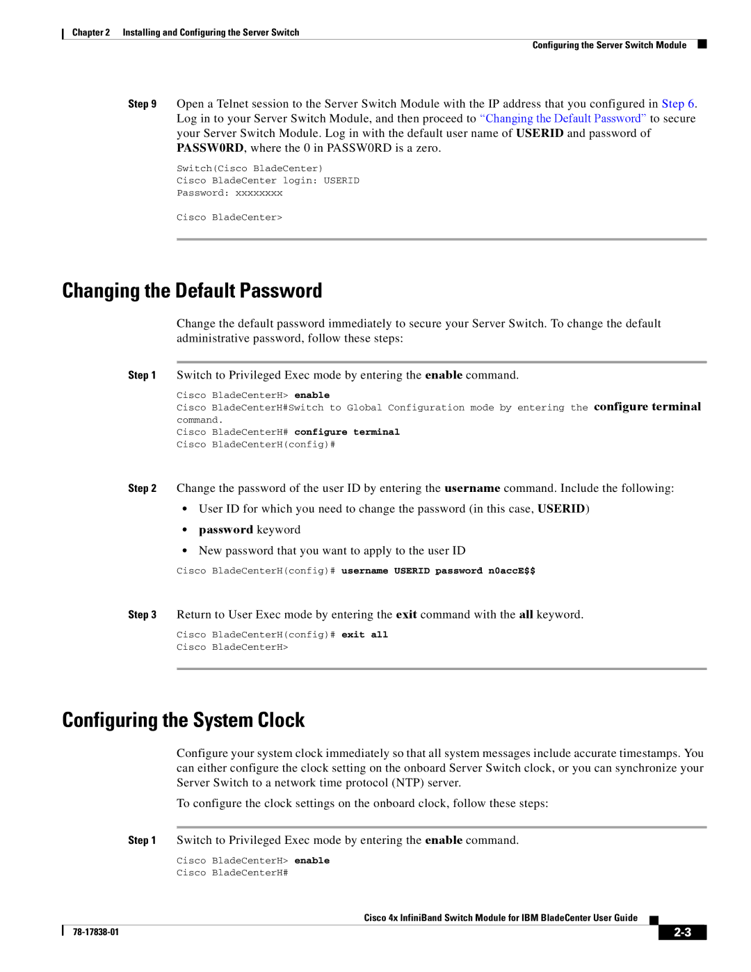 Cisco Systems Cisco 4x manual Changing the Default Password, Configuring the System Clock, Password keyword 