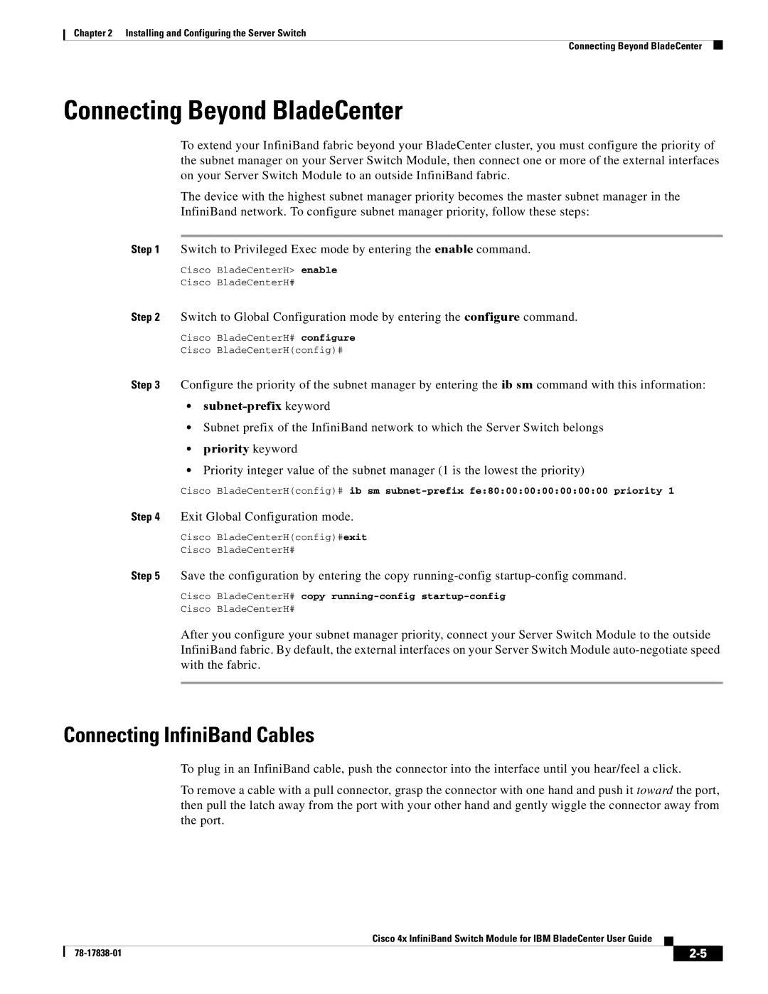 Cisco Systems Cisco 4x manual Connecting Beyond BladeCenter, Connecting InfiniBand Cables, Subnet-prefix keyword 