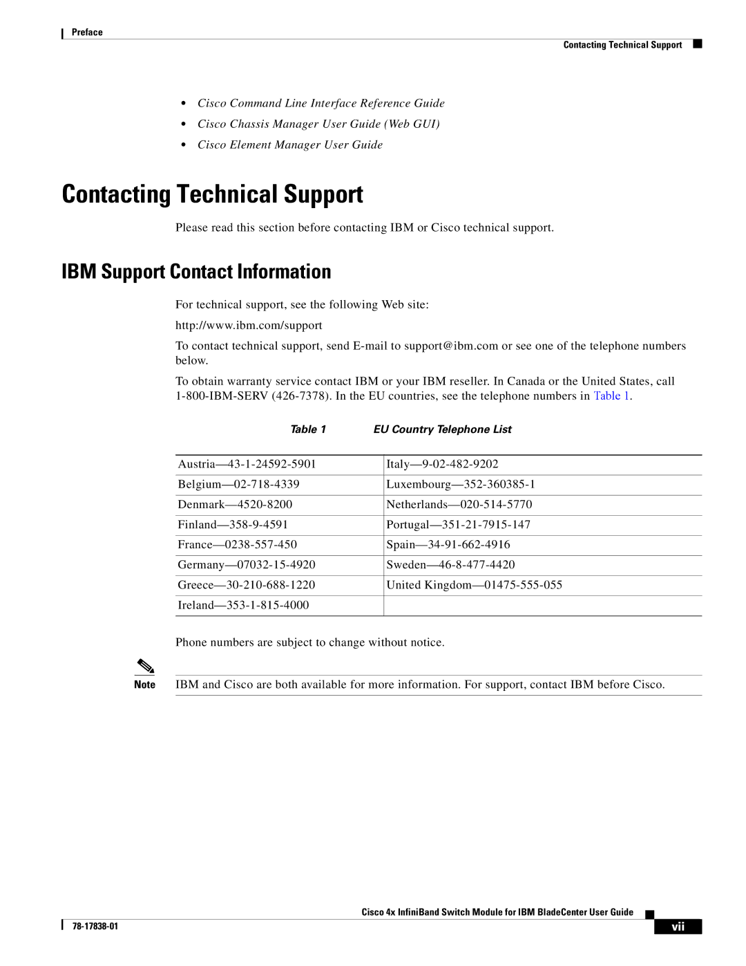 Cisco Systems Cisco 4x manual Contacting Technical Support, IBM Support Contact Information, Vii 