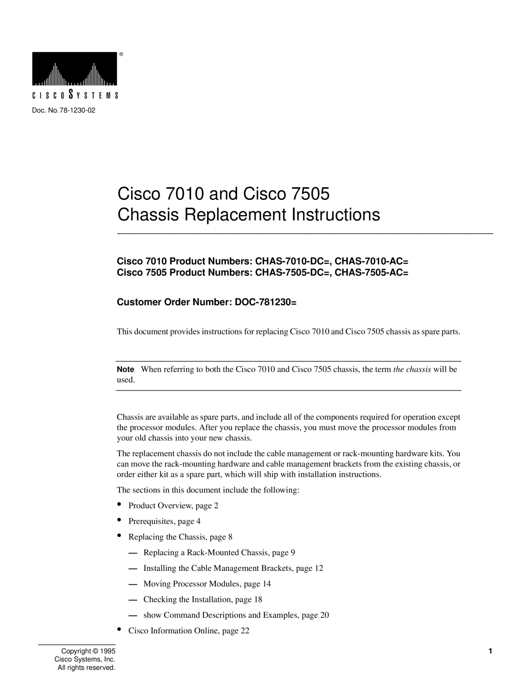 Cisco Systems Cisco 7505 installation instructions Cisco 7010 and Cisco Chassis Replacement Instructions 