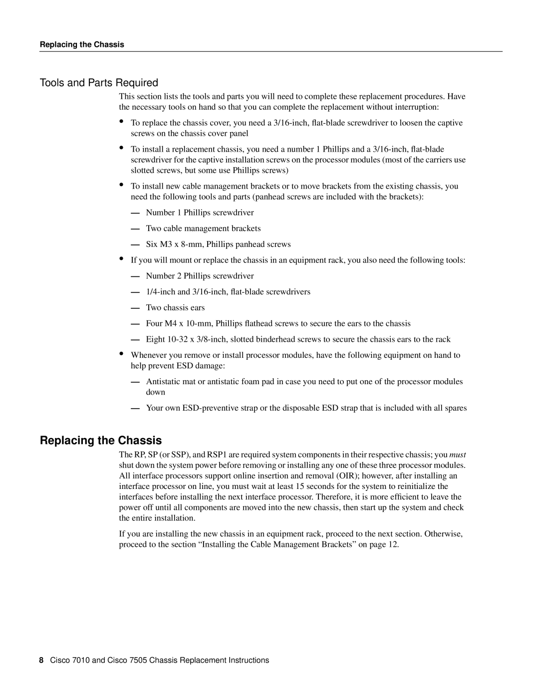 Cisco Systems Cisco 7010, Cisco 7505 installation instructions Replacing the Chassis, Tools and Parts Required 