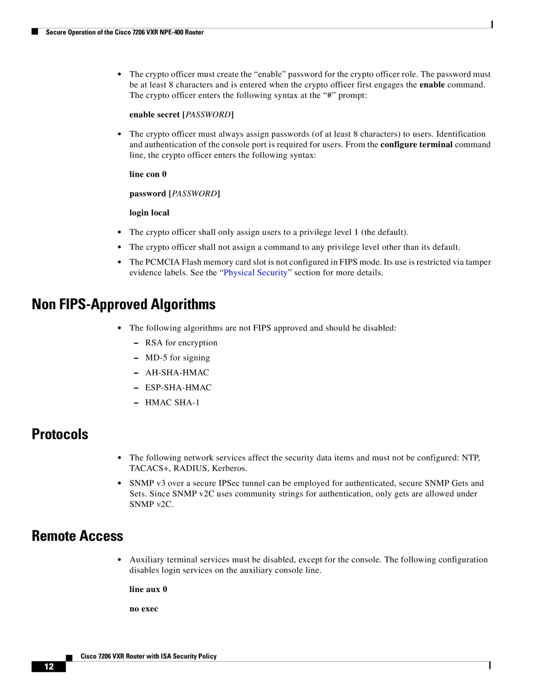 Cisco Systems Cisco 7206 VXR manual Non FIPS-Approved Algorithms, Protocols, Remote Access 