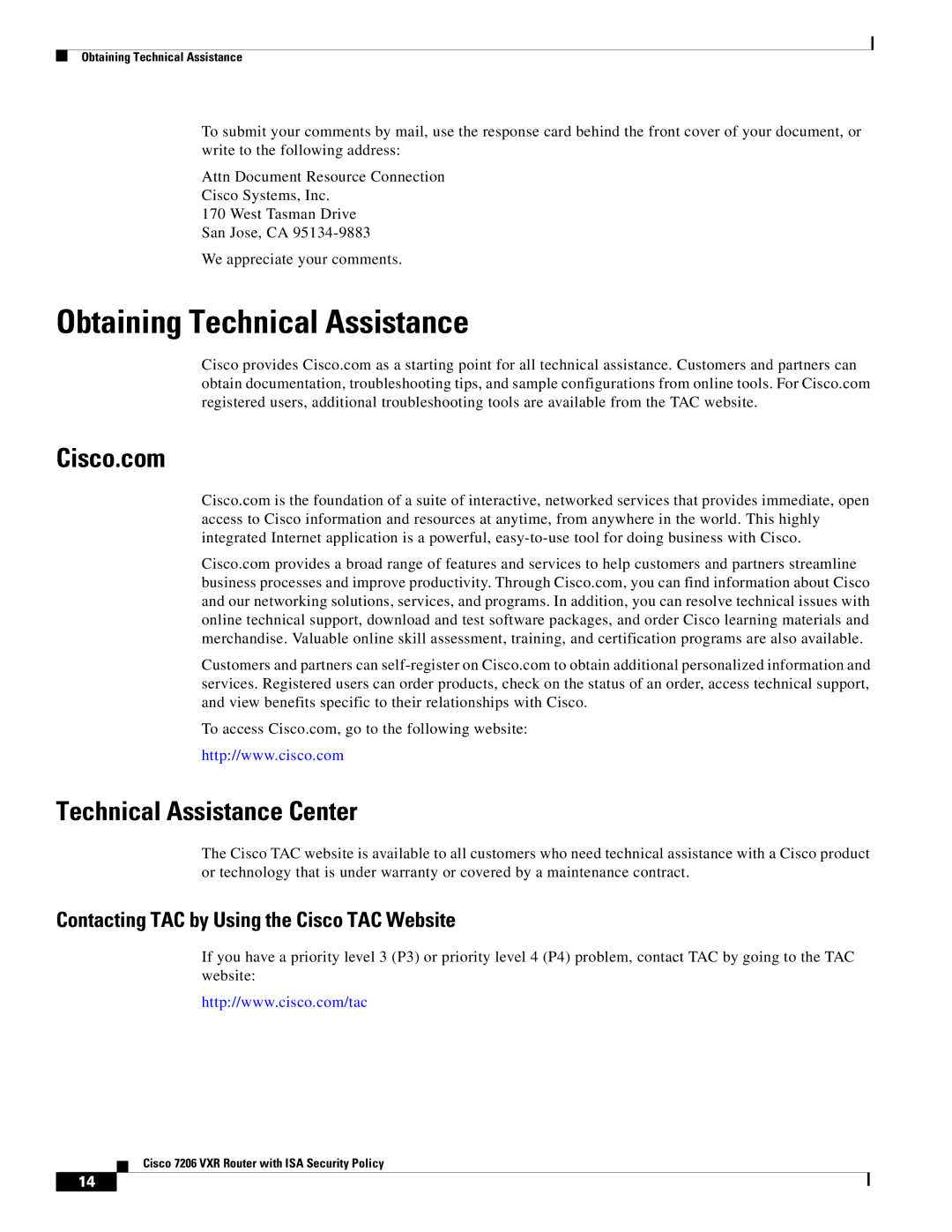 Cisco Systems Cisco 7206 VXR manual Obtaining Technical Assistance, Cisco.com, Technical Assistance Center 