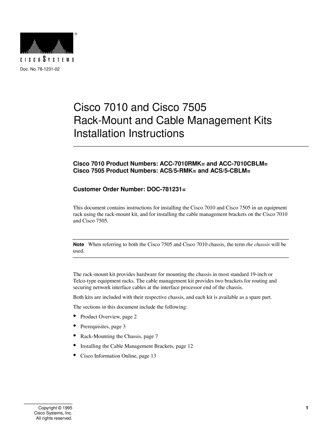 Cisco Systems Cisco 7505/7010 installation instructions Cisco 7010 and Cisco Rack-Mount and Cable Management Kits 