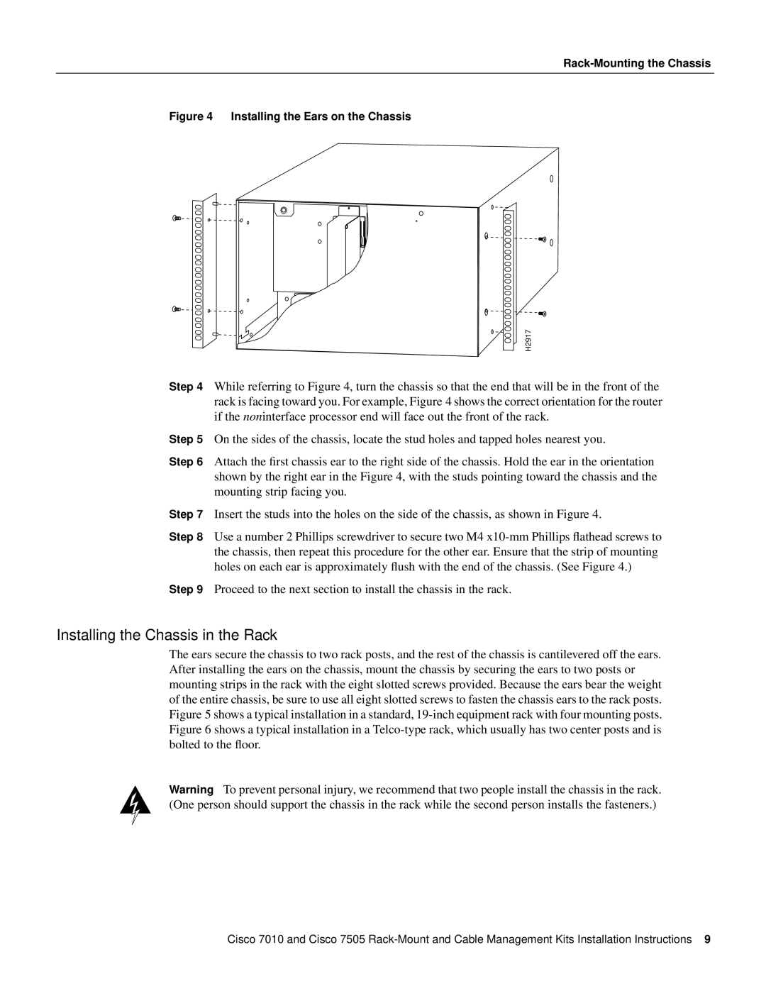 Cisco Systems Cisco 7505/7010 installation instructions Installing the Chassis in the Rack 