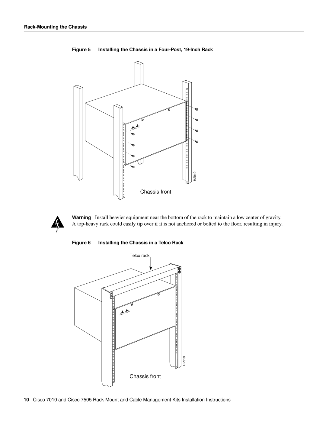 Cisco Systems Cisco 7505/7010 installation instructions Chassis front, Installing the Chassis in a Four-Post, 19-Inch Rack 