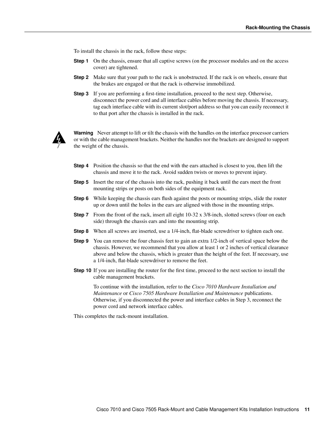 Cisco Systems Cisco 7505/7010 installation instructions Rack-Mounting the Chassis 