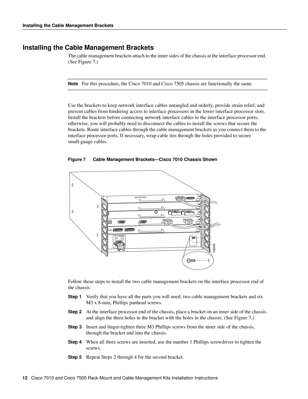 Cisco Systems Cisco 7505/7010 Installing the Cable Management Brackets, Cable Management Brackets-Cisco 7010 Chassis Shown 