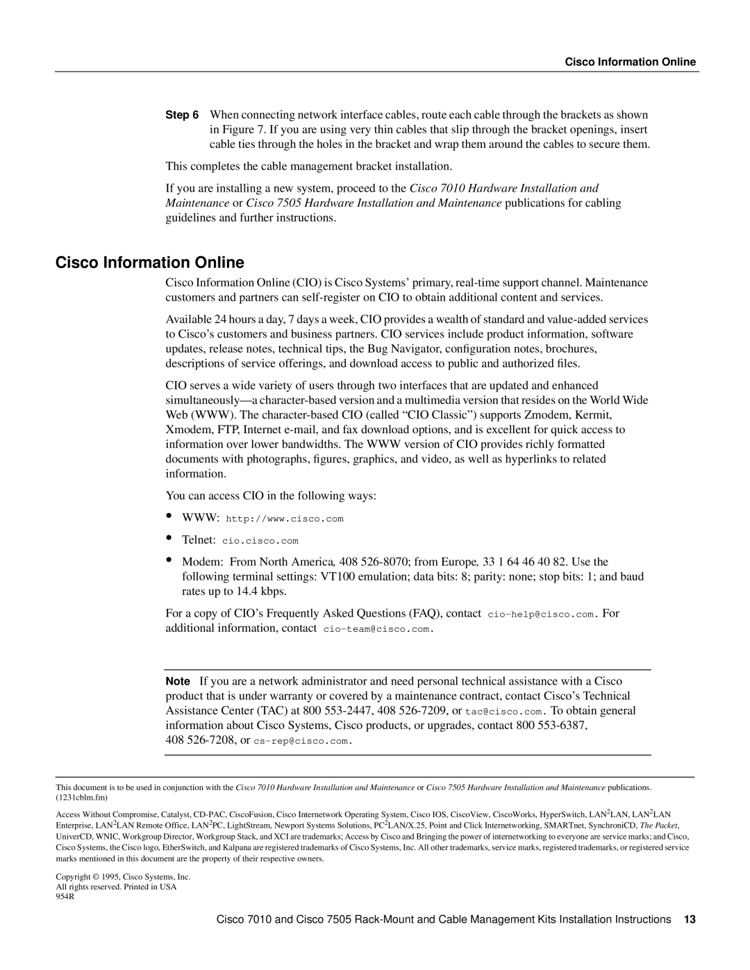 Cisco Systems Cisco 7505/7010 installation instructions Cisco Information Online 