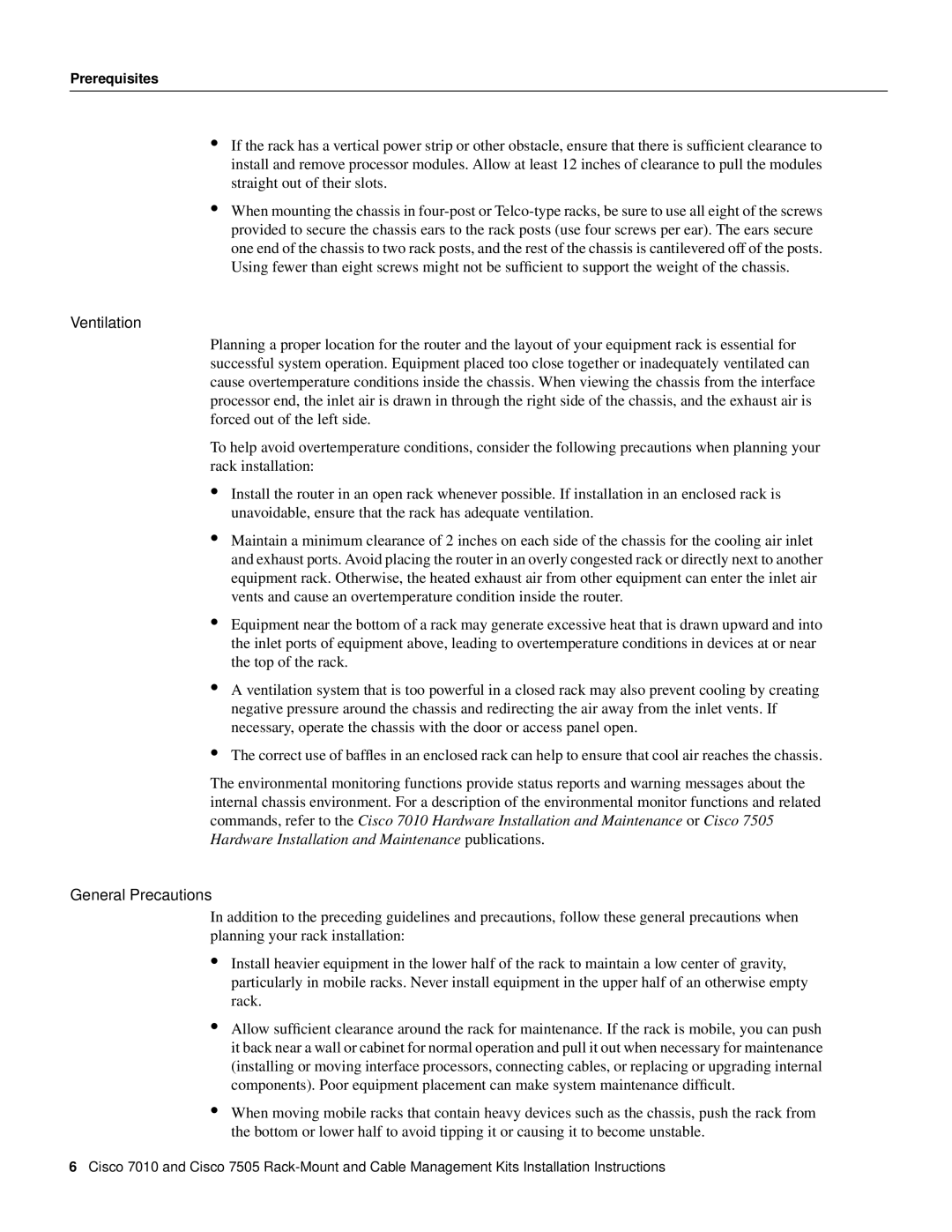 Cisco Systems Cisco 7505/7010 installation instructions Ventilation, General Precautions 