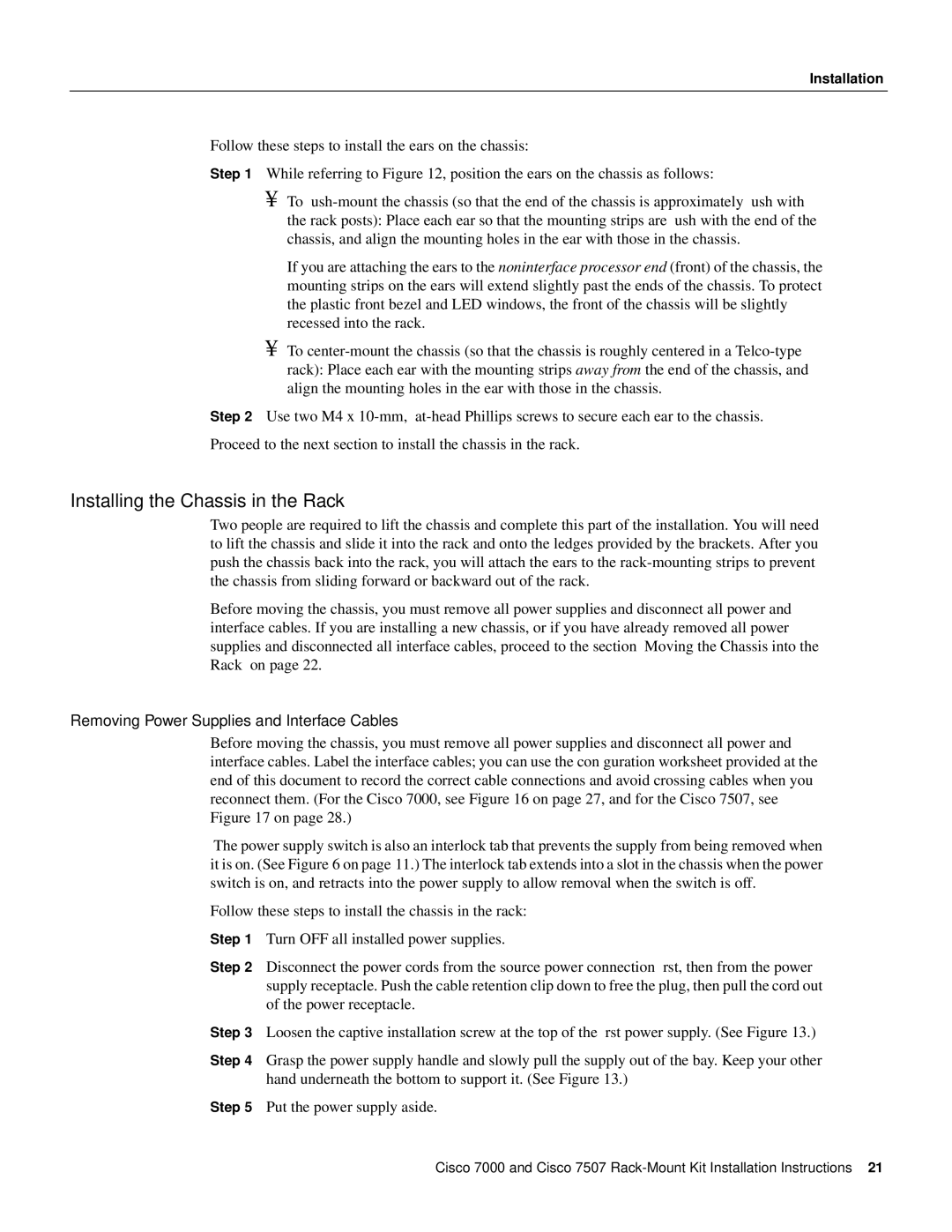 Cisco Systems Cisco 7000, Cisco 7507 Installing the Chassis in the Rack, Removing Power Supplies and Interface Cables 