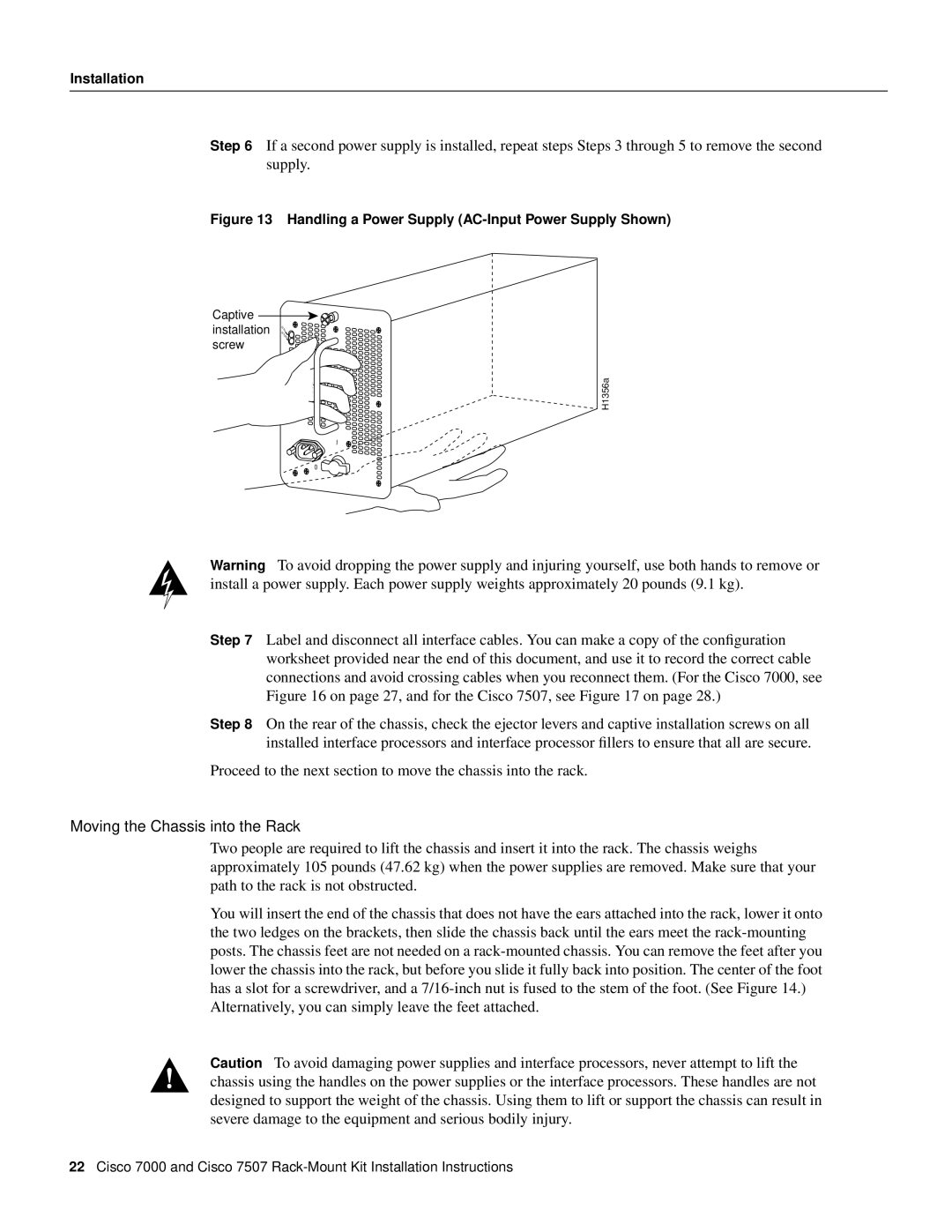Cisco Systems Cisco 7507, Cisco 7000 Moving the Chassis into the Rack, Handling a Power Supply AC-Input Power Supply Shown 