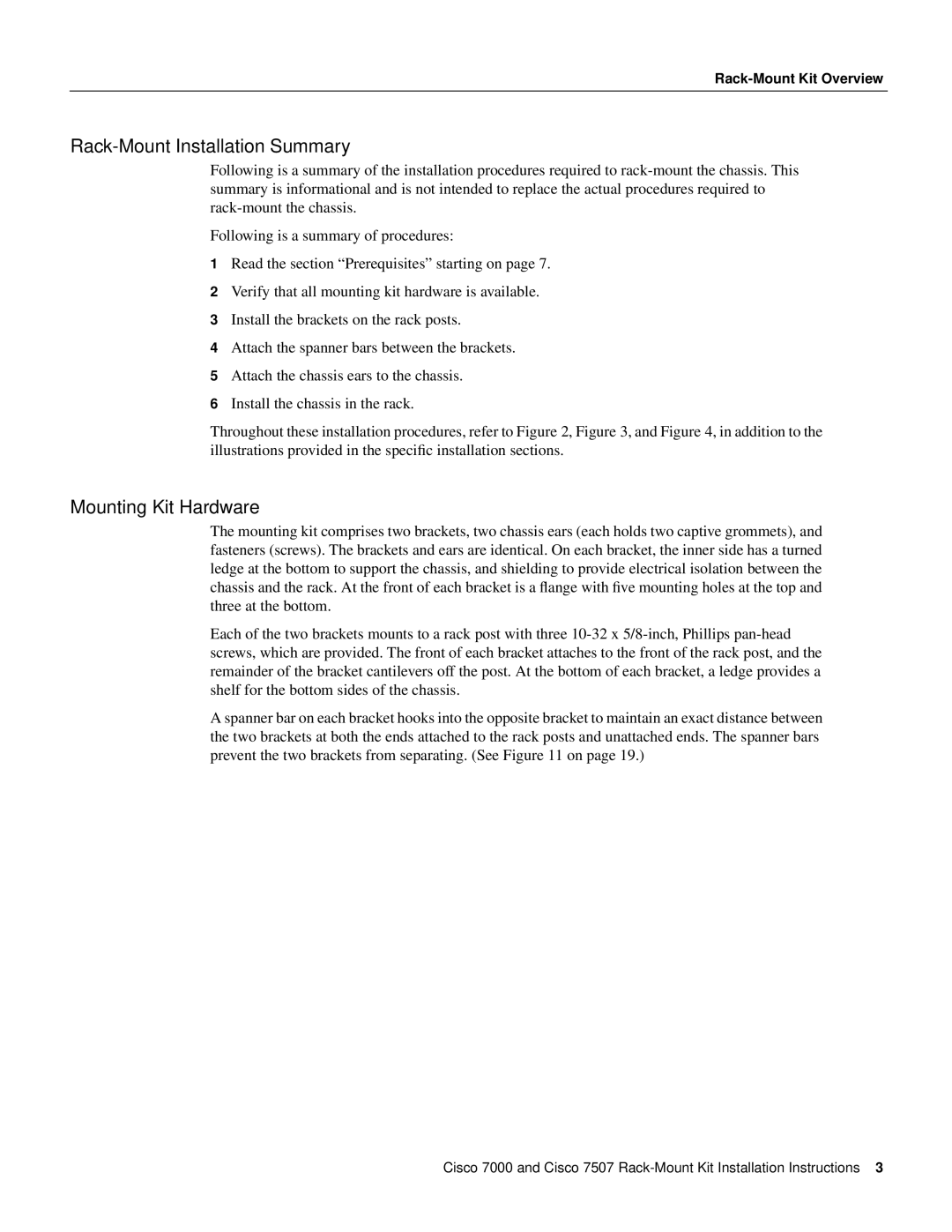 Cisco Systems Cisco 7000, Cisco 7507 installation instructions Rack-Mount Installation Summary, Mounting Kit Hardware 