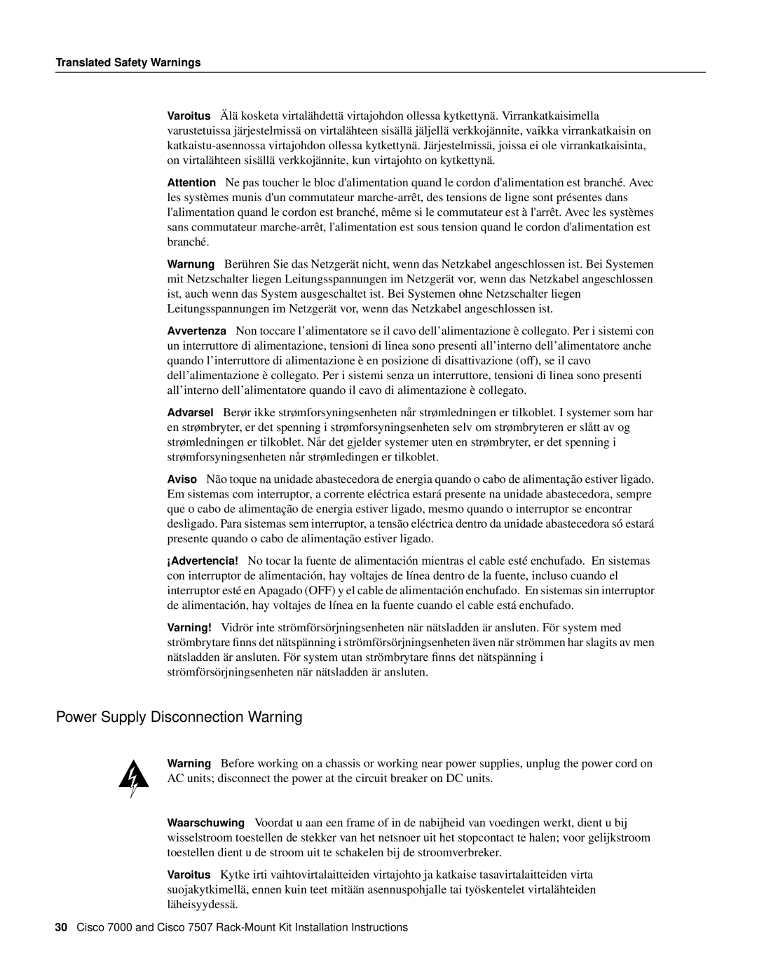 Cisco Systems Cisco 7507, Cisco 7000 installation instructions Power Supply Disconnection Warning 