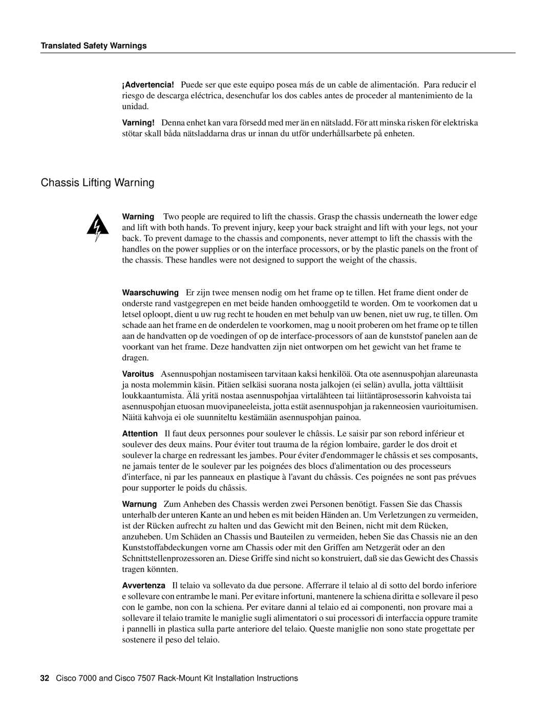 Cisco Systems Cisco 7507, Cisco 7000 installation instructions Chassis Lifting Warning 