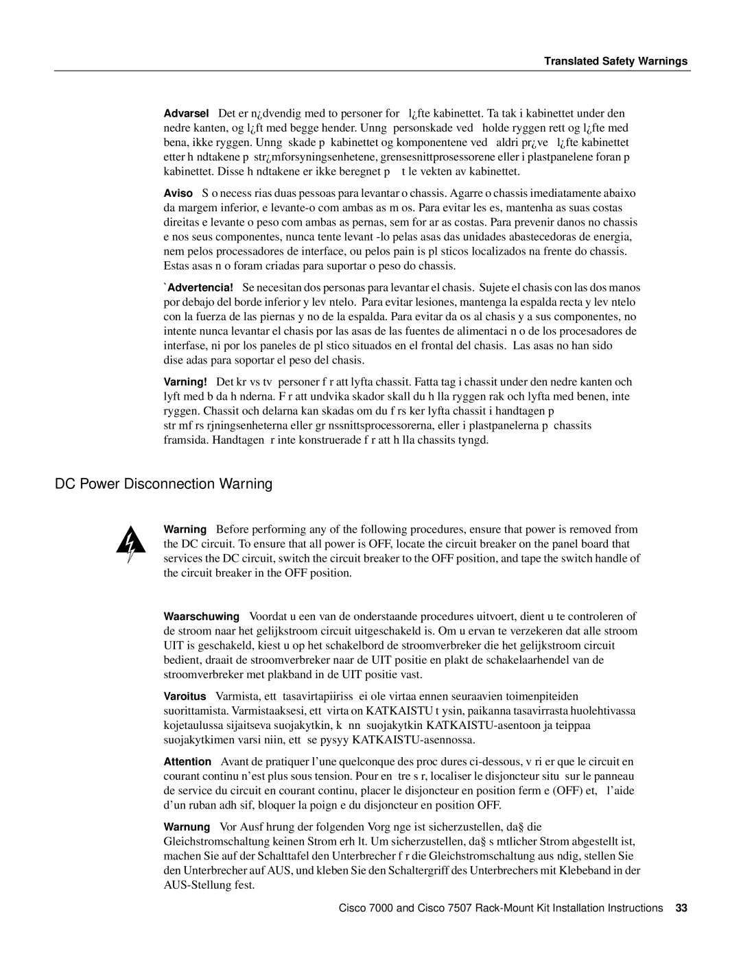 Cisco Systems Cisco 7000, Cisco 7507 installation instructions DC Power Disconnection Warning 