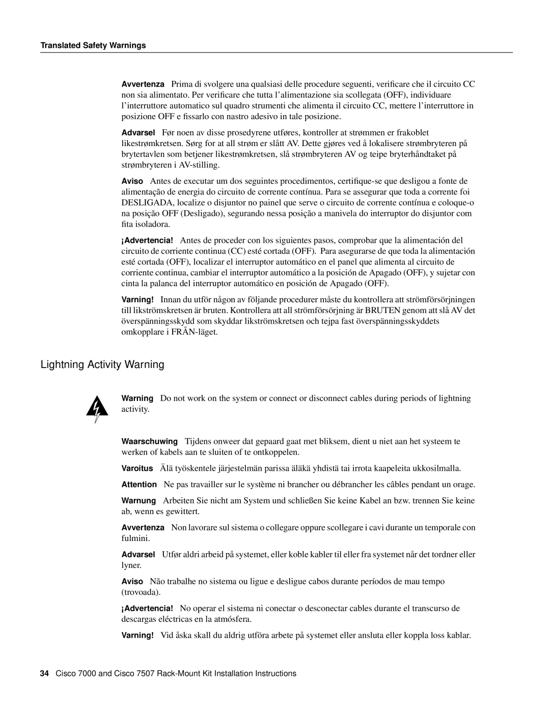 Cisco Systems Cisco 7507, Cisco 7000 installation instructions Lightning Activity Warning 