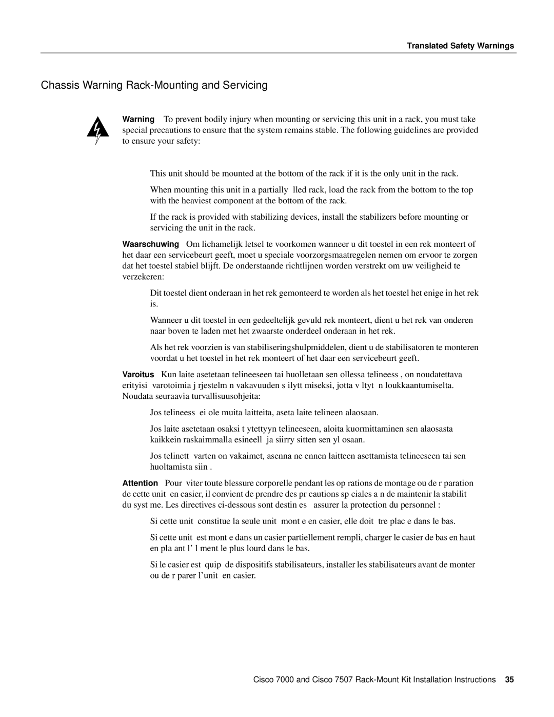 Cisco Systems Cisco 7000, Cisco 7507 installation instructions Chassis Warning-Rack-Mounting and Servicing 