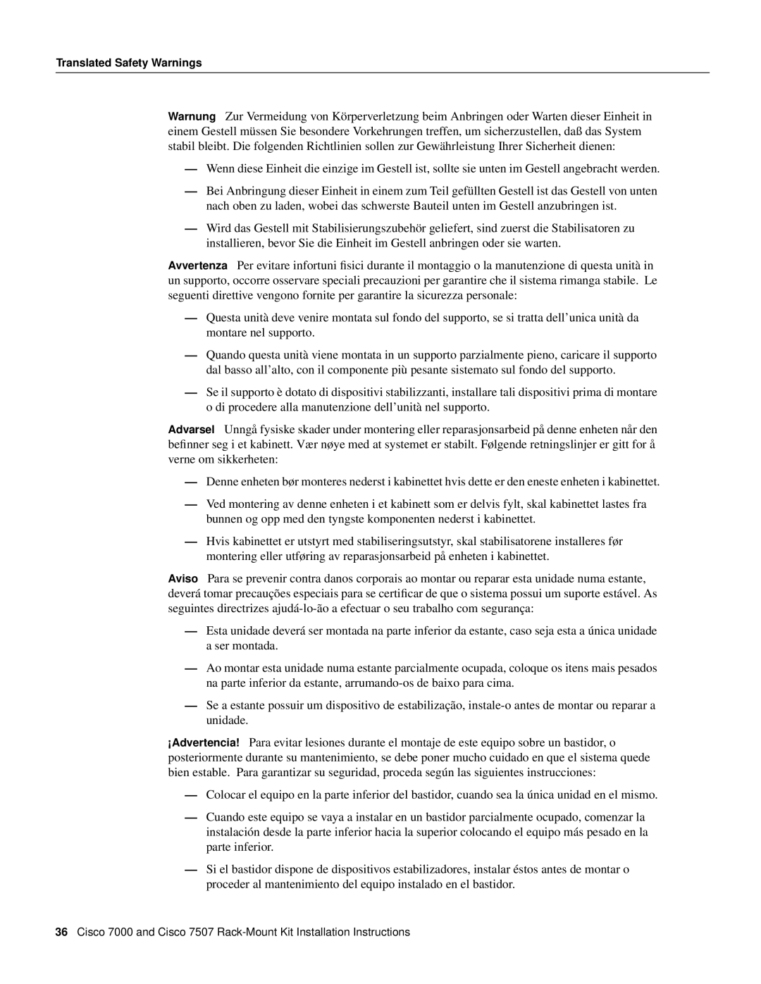 Cisco Systems Cisco 7507, Cisco 7000 installation instructions Translated Safety Warnings 