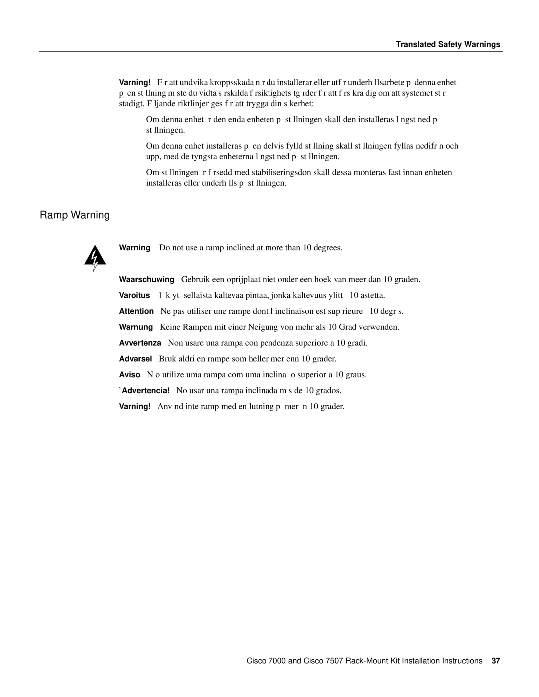 Cisco Systems Cisco 7000, Cisco 7507 installation instructions Ramp Warning 