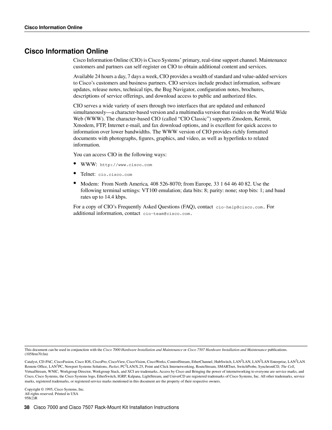 Cisco Systems Cisco 7507, Cisco 7000 installation instructions Cisco Information Online 