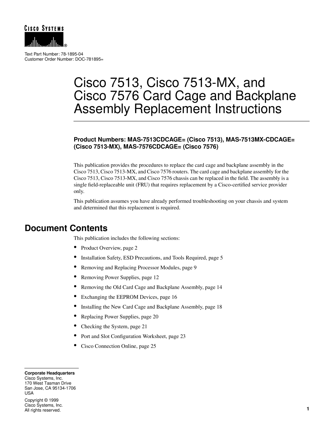 Cisco Systems Cisco 7513-MX, CISCO7576 manual Document Contents 