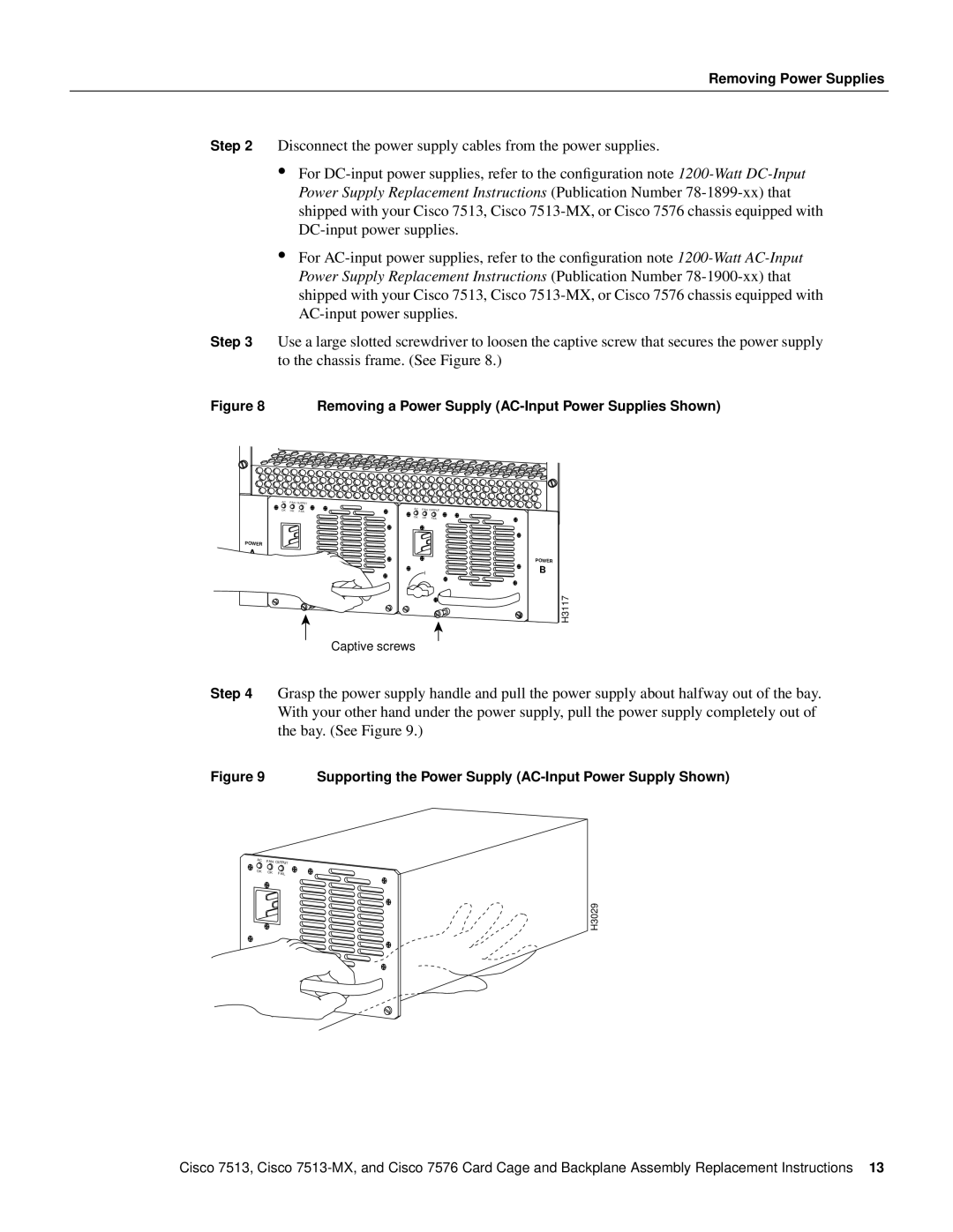 Cisco Systems Cisco 7513-MX, CISCO7576 manual Removing a Power Supply AC-Input Power Supplies Shown 