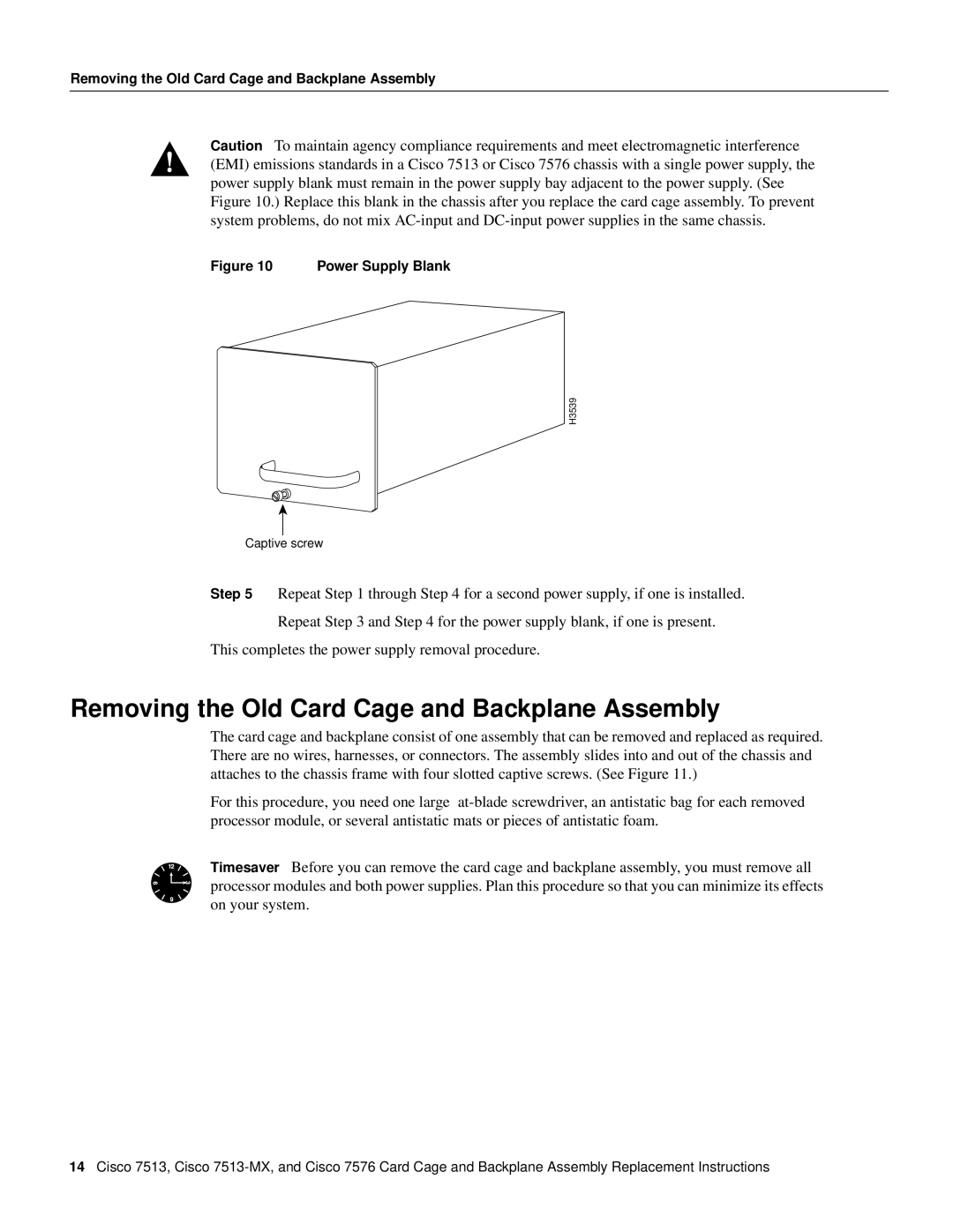 Cisco Systems CISCO7576, Cisco 7513-MX manual Removing the Old Card Cage and Backplane Assembly, Power Supply Blank 