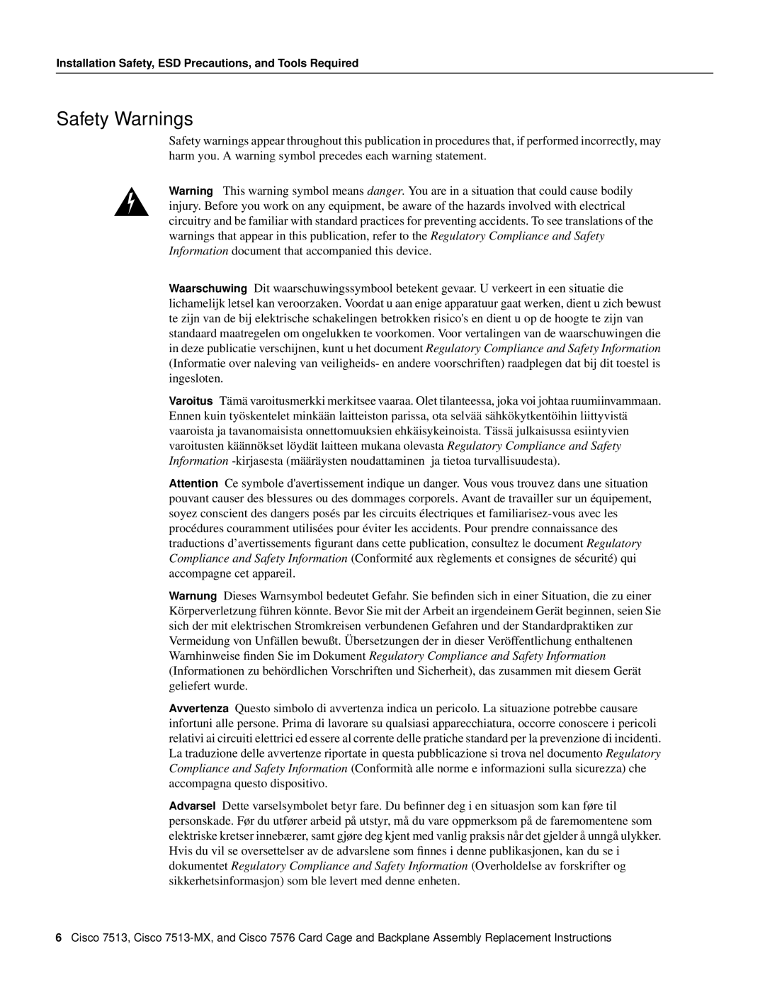 Cisco Systems Cisco 7513-MX, CISCO7576 manual Safety Warnings 