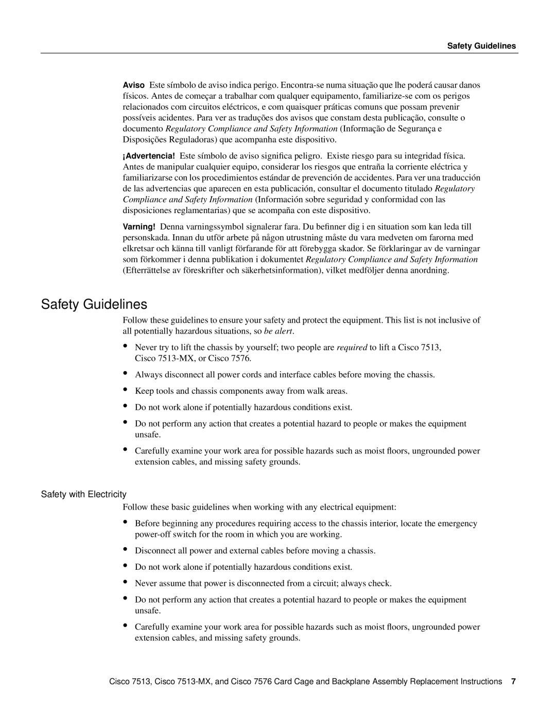 Cisco Systems Cisco 7513-MX, CISCO7576 manual Safety Guidelines, Safety with Electricity 