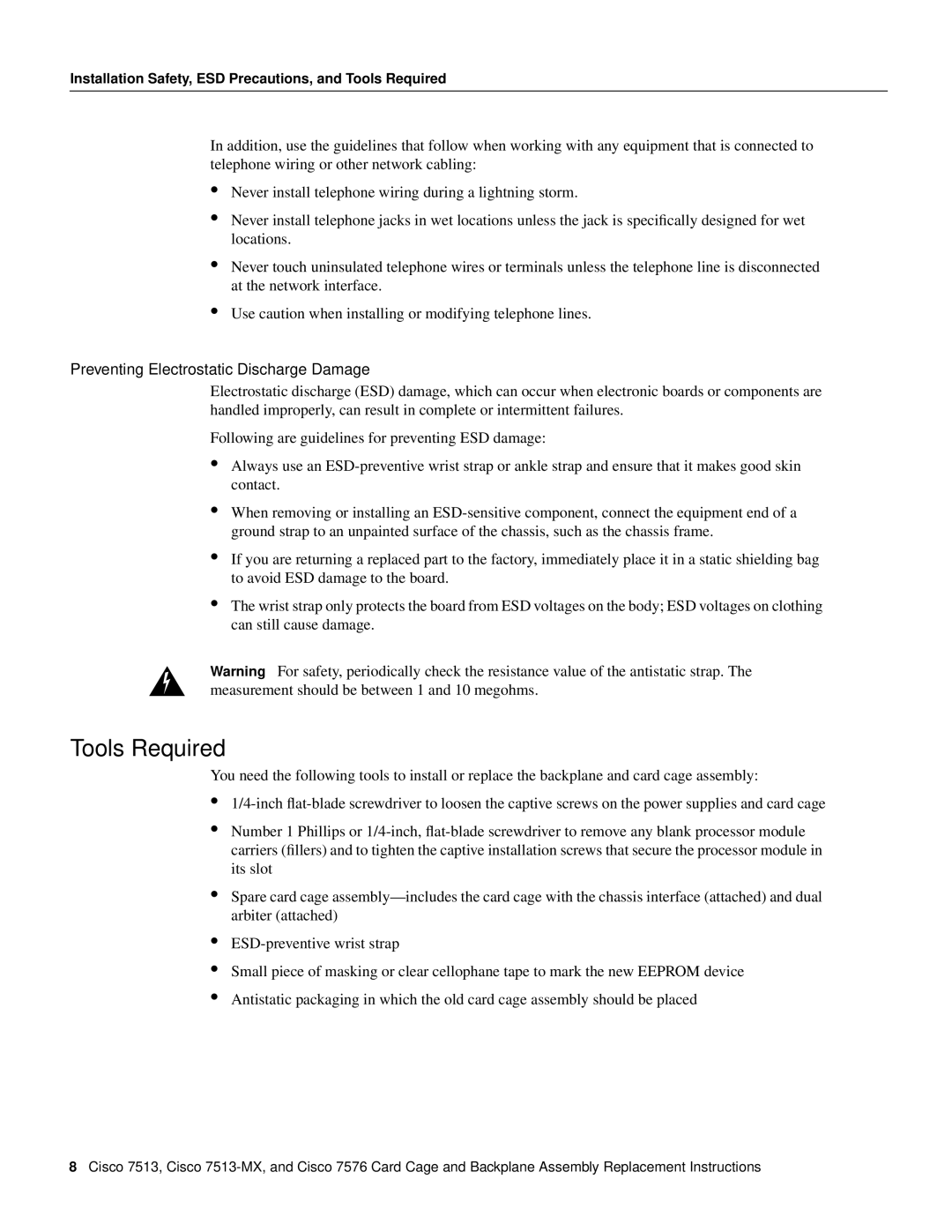 Cisco Systems CISCO7576, Cisco 7513-MX manual Tools Required, Preventing Electrostatic Discharge Damage 
