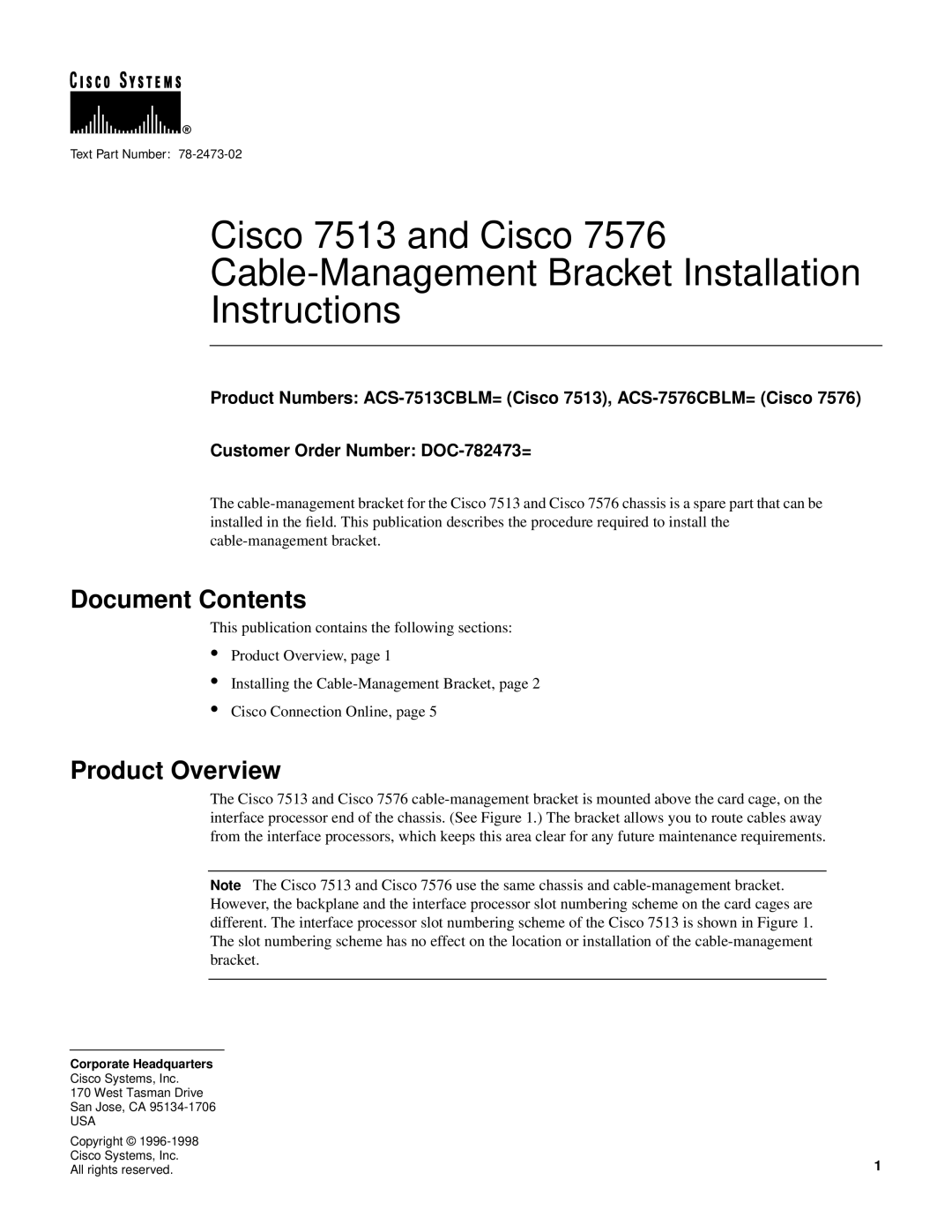 Cisco Systems Cisco 7513/7576 installation instructions Document Contents, Product Overview, Instructions 