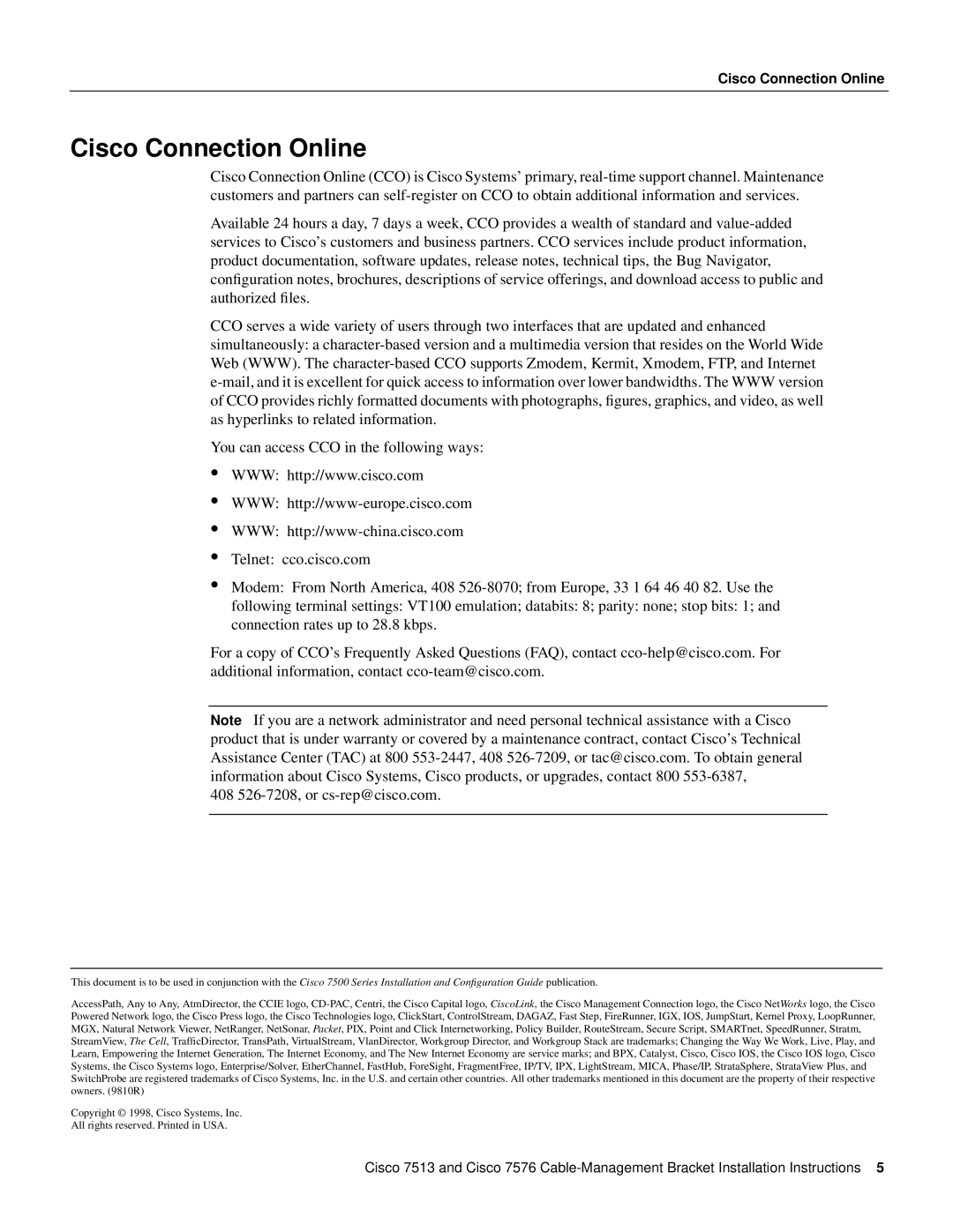 Cisco Systems Cisco 7513/7576 installation instructions Cisco Connection Online 