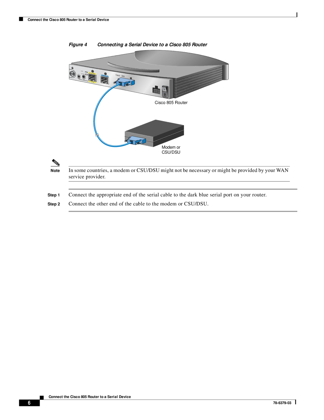 Cisco Systems quick start Connecting a Serial Device to a Cisco 805 Router 