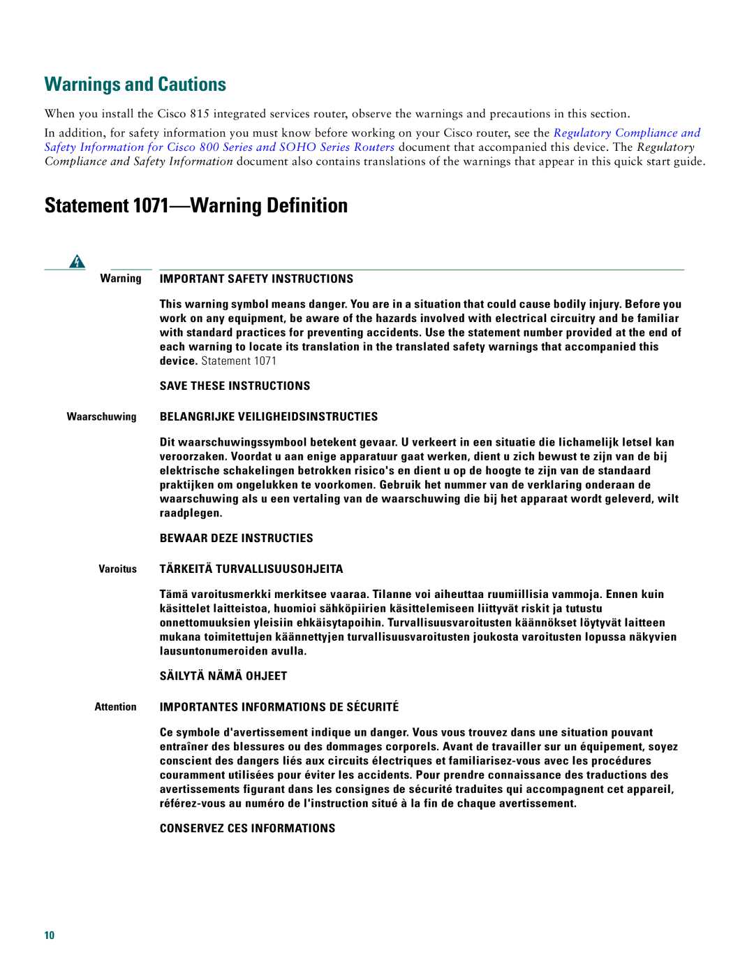 Cisco Systems Cisco 815 quick start Statement 1071-Warning Definition 