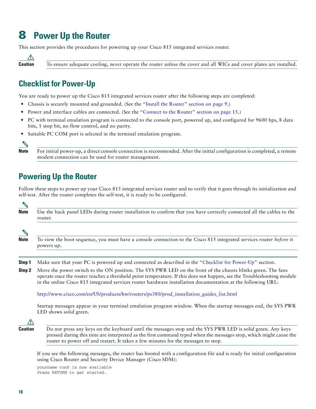 Cisco Systems Cisco 815 quick start Power Up the Router, Checklist for Power-Up, Powering Up the Router 