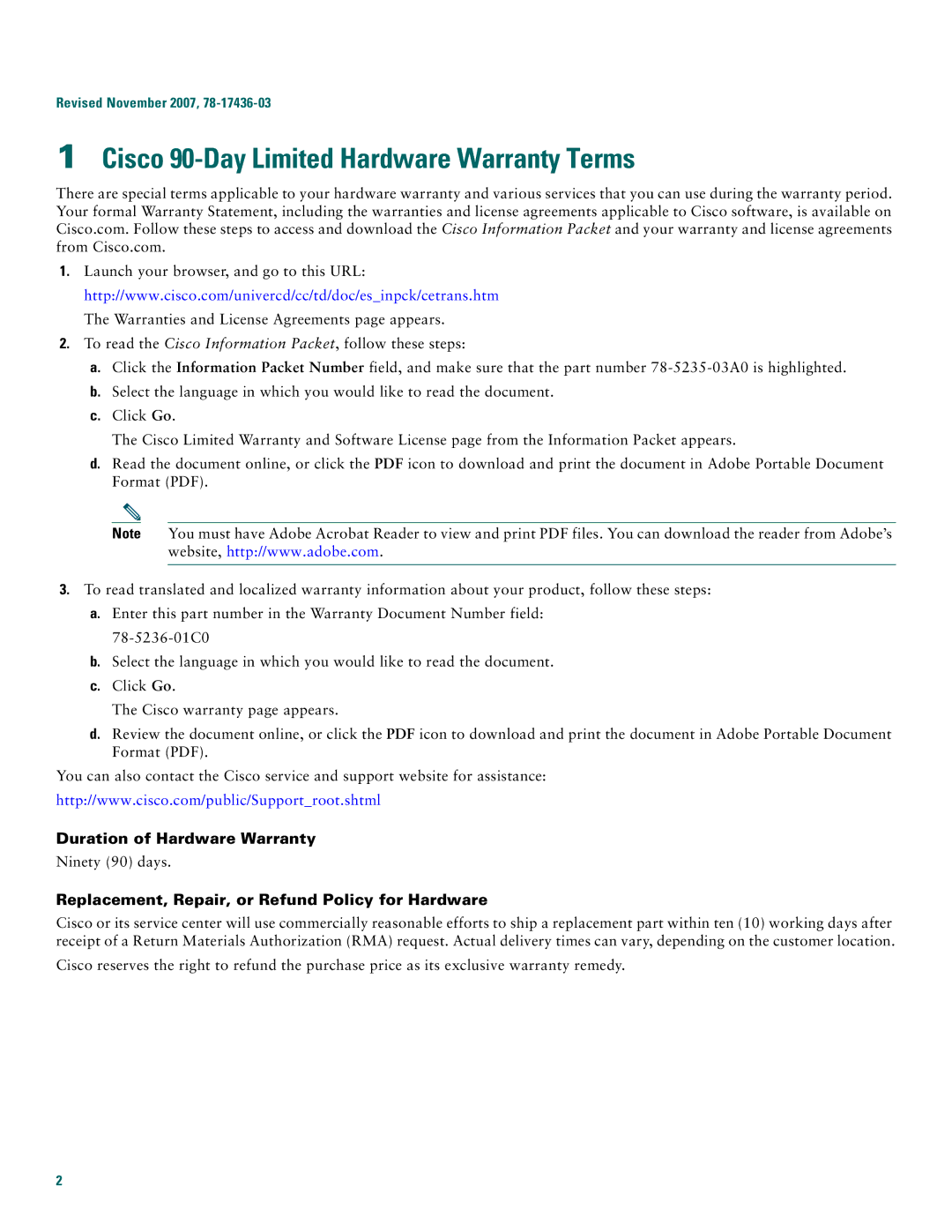 Cisco Systems Cisco 815 quick start Cisco 90-Day Limited Hardware Warranty Terms, Duration of Hardware Warranty 
