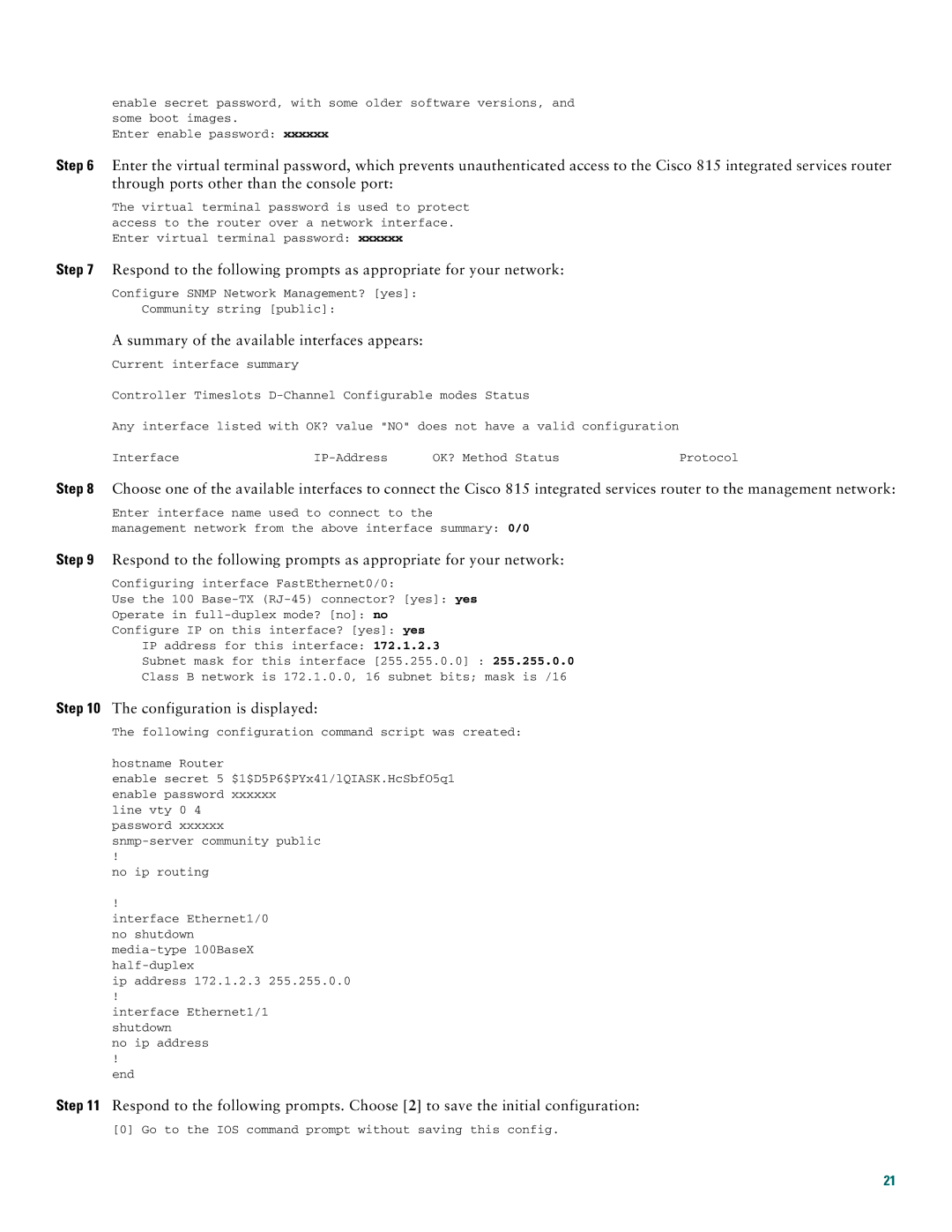 Cisco Systems Cisco 815 quick start Summary of the available interfaces appears 