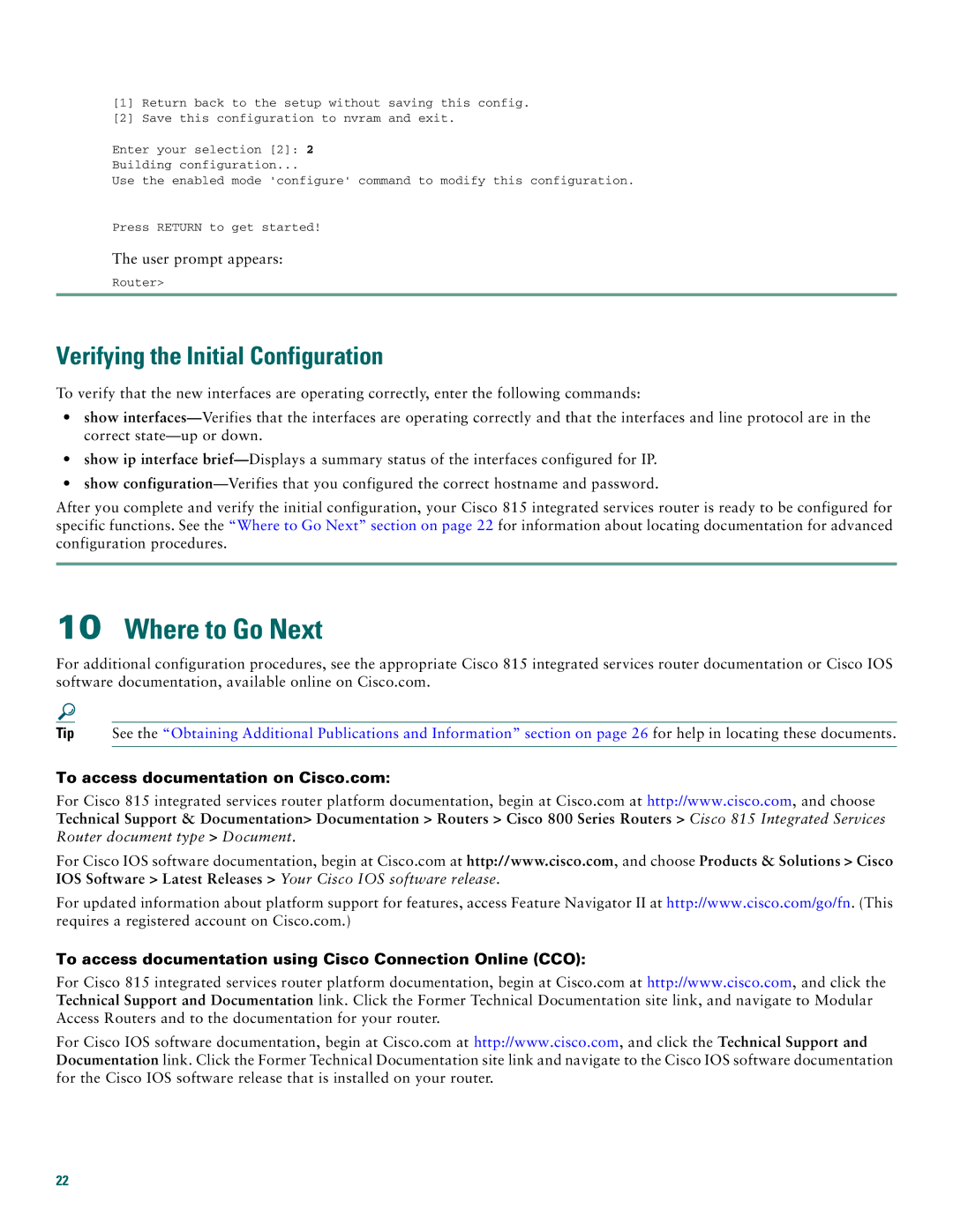 Cisco Systems Cisco 815 quick start Where to Go Next, Verifying the Initial Configuration 