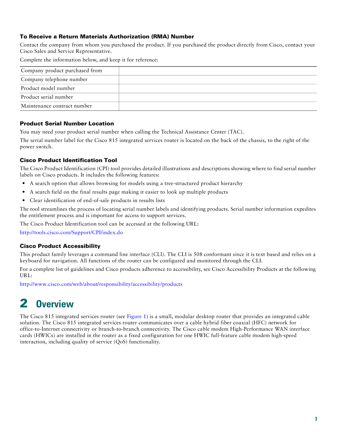 Cisco Systems Cisco 815 Overview, To Receive a Return Materials Authorization RMA Number, Product Serial Number Location 