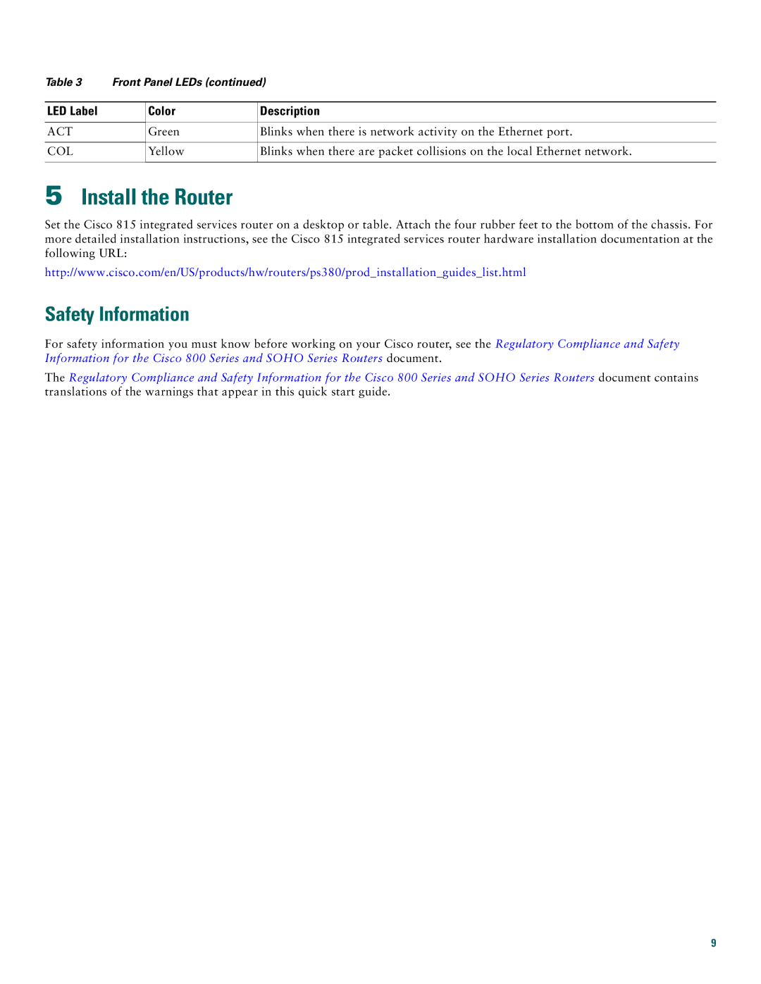 Cisco Systems Cisco 815 quick start Install the Router, Safety Information 