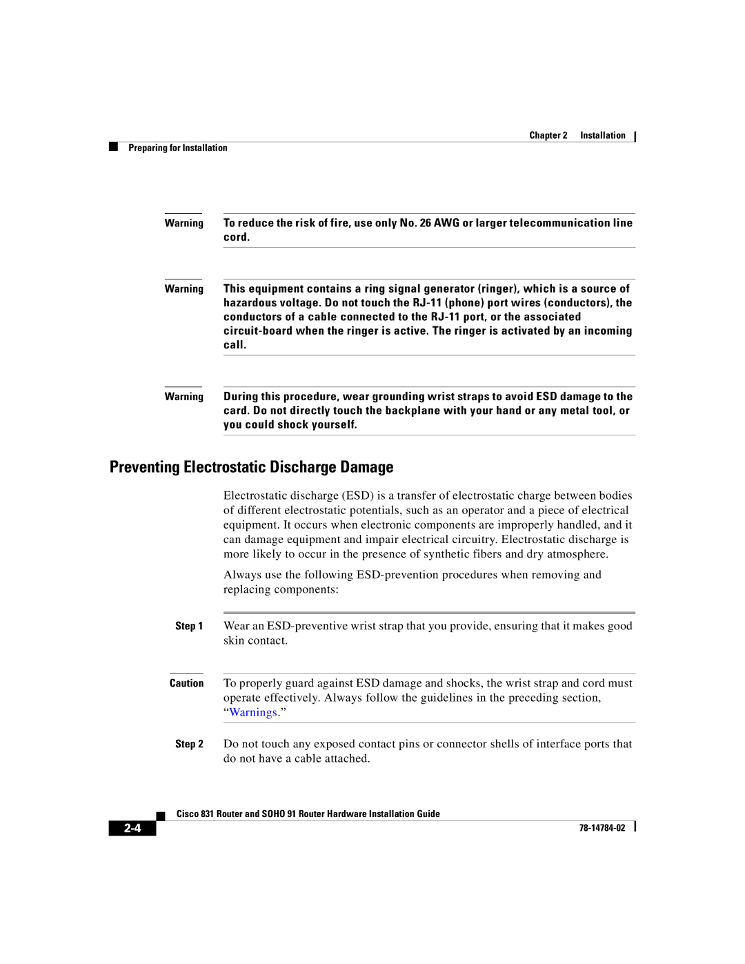 Cisco Systems Cisco 831 manual Preventing Electrostatic Discharge Damage 