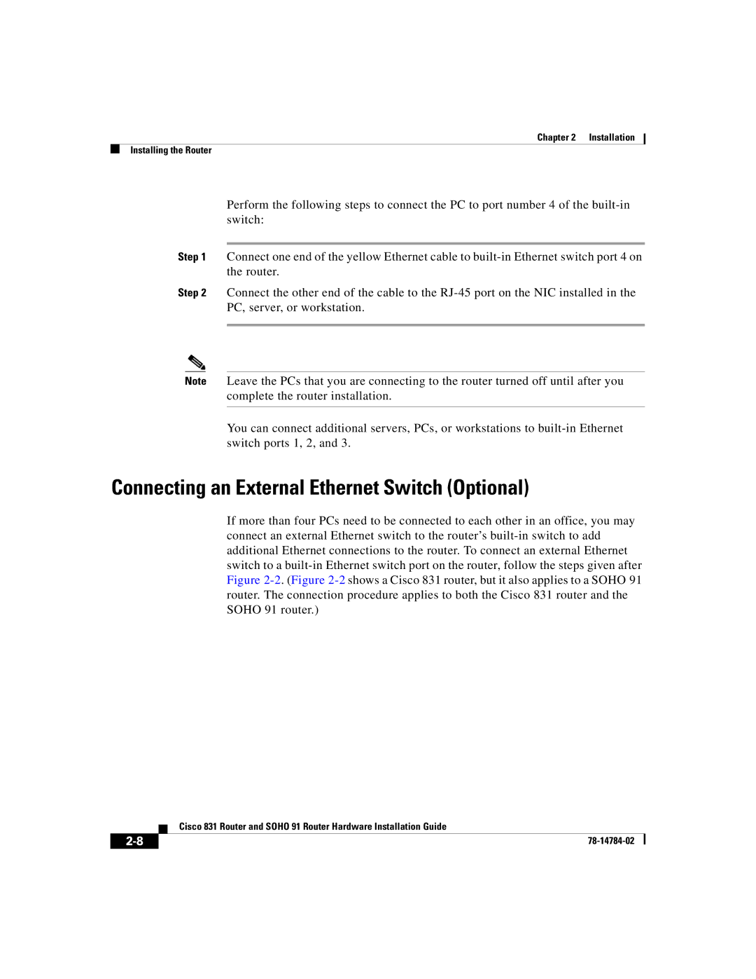 Cisco Systems Cisco 831 manual Connecting an External Ethernet Switch Optional 