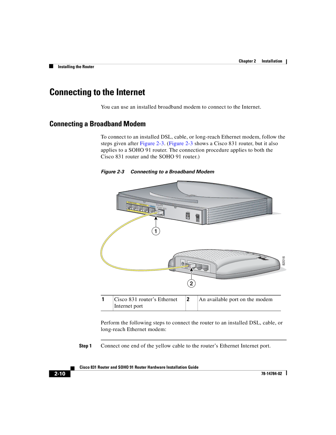Cisco Systems Cisco 831 manual Connecting to the Internet, Connecting a Broadband Modem 