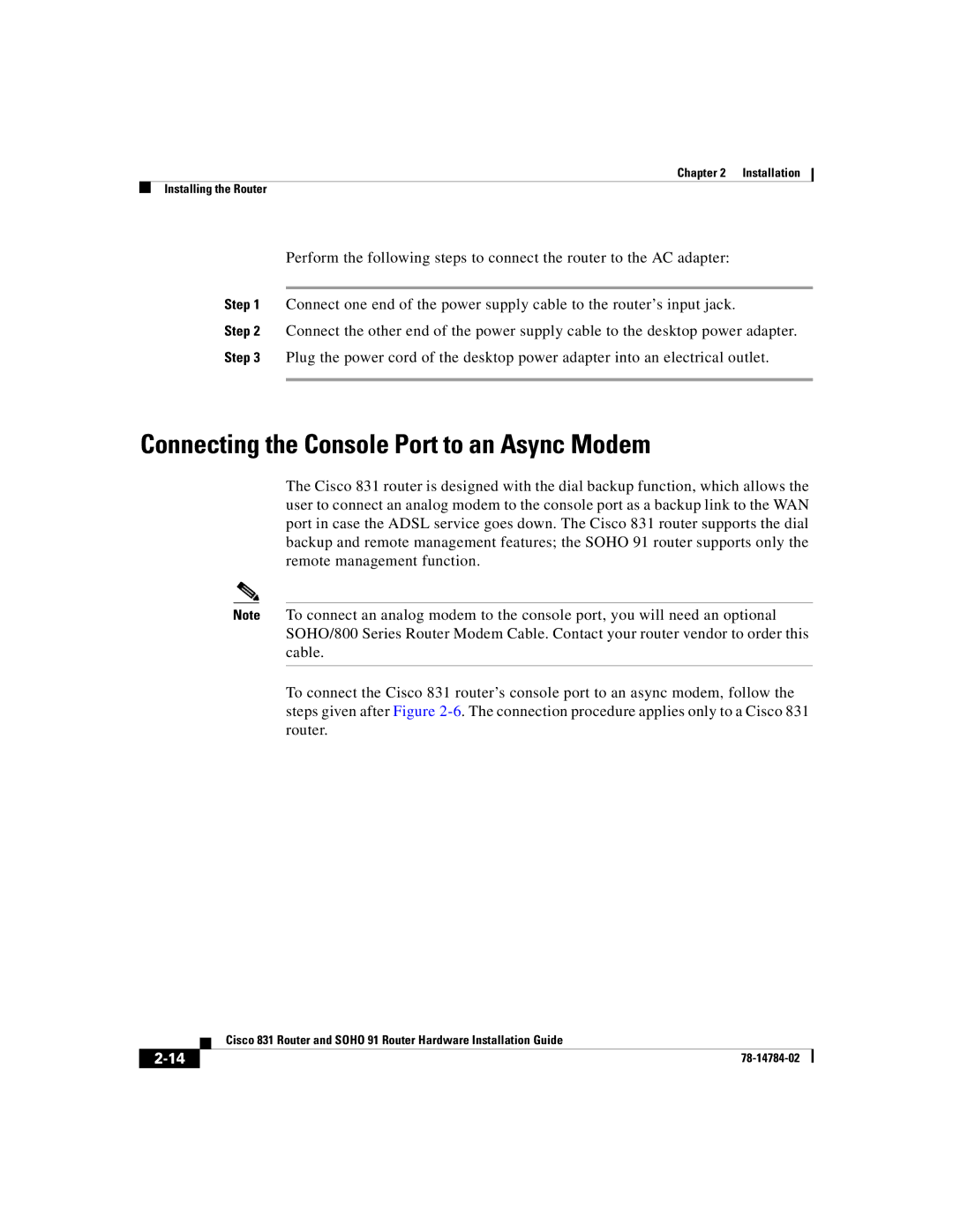 Cisco Systems Cisco 831 manual Connecting the Console Port to an Async Modem 